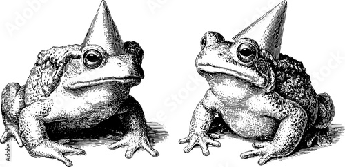 Engraved frog illustration set with party hats for celebration designs