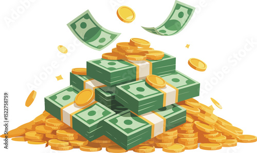 Stack of money with coins isolated on transparent background

