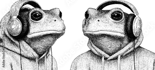 Engraved artwork of frogs in hoodies with headphones - design for posters and cards