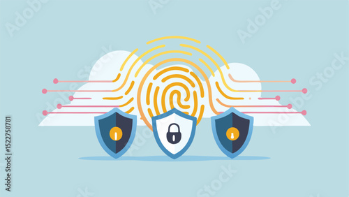 Illustration of cloud with fingerprint and shields symbolizing secure data protection concept
