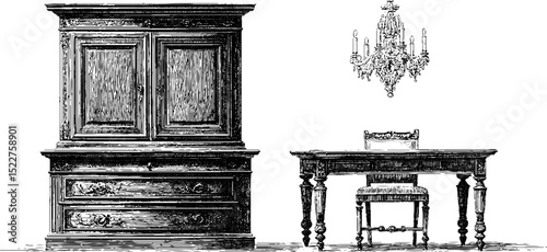 Victorian era georgian cabinet and chandelier engraved illustration for antique furniture design