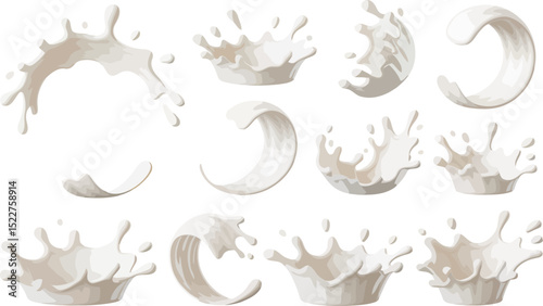 Realistic milk splash and swirl vector set for dairy, drink, or splash design

