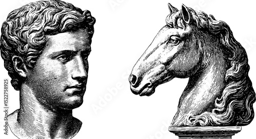 Georgian classical engravings set featuring human bust and horse head for artistic design