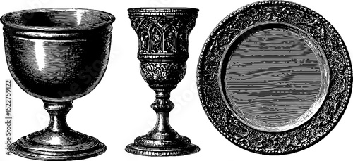 Engraved gothic chalice and goblet set with decorative plate for historical and artistic designs