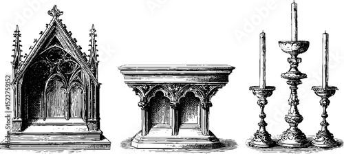 Engraved gothic altar and candlestick illustration set for religious art design
