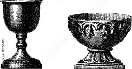 Engraved gothic chalice and goblet illustration set for historical design projects