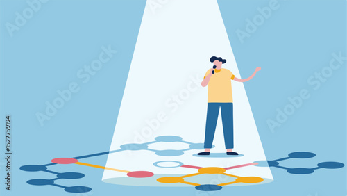 A presenter stands on a network diagram under a spotlight giving a presentation with a microphone