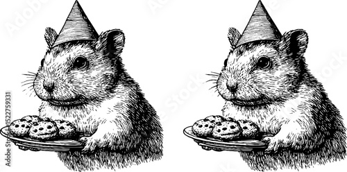 Engraved hamster with cookie and cone hat illustration set for creative design