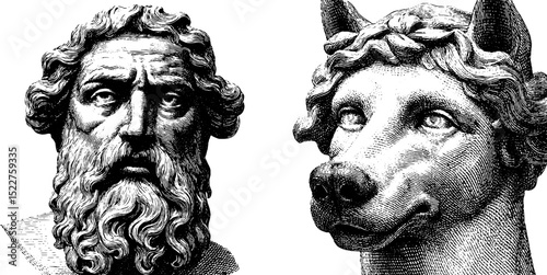 Engraved illustration of greek god hades and cerberus for mythology and art projects
