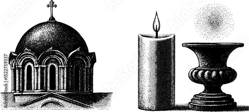 Greek orthodox icon set featuring engraved church dome, candle, and chalice