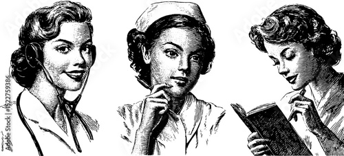 Engraved illustration set of happy female nurses with stethoscope, cap, and book