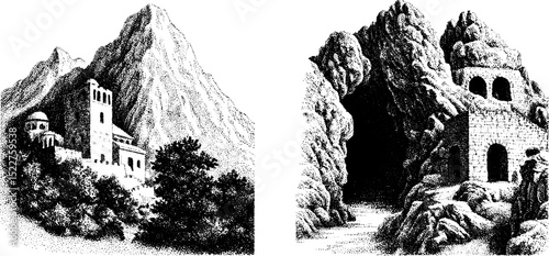 Engraved depictions of icy mountain monasteries for artistic inspiration
