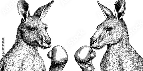 Engraved vintage illustration of two boxing kangaroos in a dynamic duel. Detailed black and white wildlife art