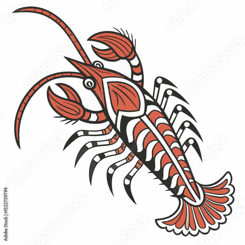 Vector illustration of a red cartoon lobster or shrimp, ideal for tattoo design, tribal art, or nature logo