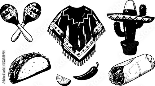Mexico doodle set. Elements of mexican culture: maracas, poncho, cactus, taco, burrito in sketch style. Hand drawn vector illustration isolated on white background