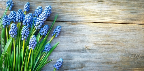 Blue muscari flowers on a wooden background with copy space for text, spring border design. 