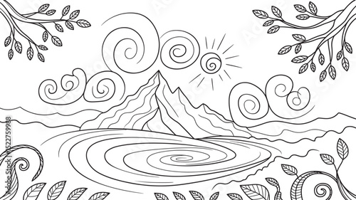 Vector illustration of a scenic mountain lake with spiraling clouds and sun