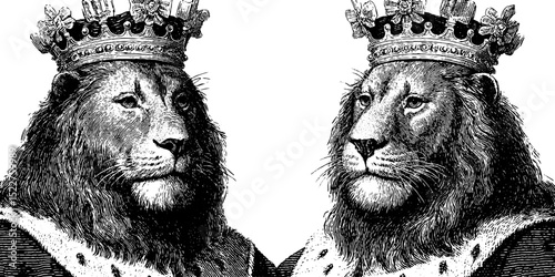 Majestic lion with royal crown engraving - king of the jungle illustrative art