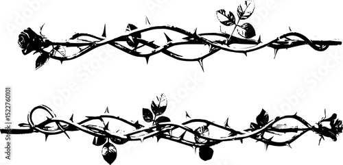 Silver metal rose vines with sharp thorns. Gothic prickly vine elements isolated
