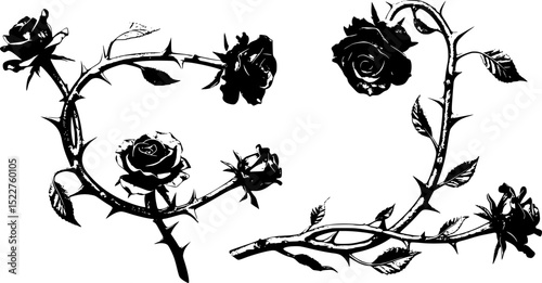 Silver metal rose vines with sharp thorns. Gothic prickly vine elements isolated
