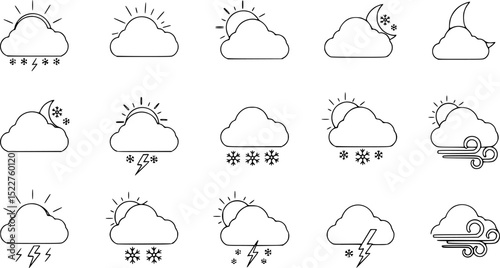 Weather icons. Weather forecast icon set. Clouds logo. Weather , clouds, sunny day, moon, snowflakes, wind, sun day. Vector illustration.
