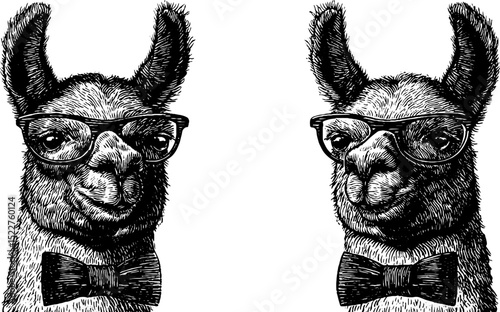 Charming llama engraving with glasses and bow tie - fun animal art for design