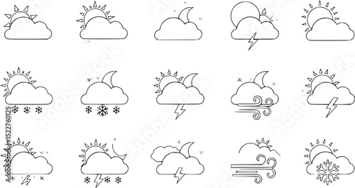 Weather icons. Weather forecast icon set. Clouds logo. Weather , clouds, sunny day, moon, snowflakes, wind, sun day. Vector illustration.
