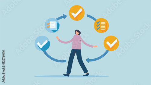 A woman surrounded by checkmarks and lists in a cyclical process on a light blue background