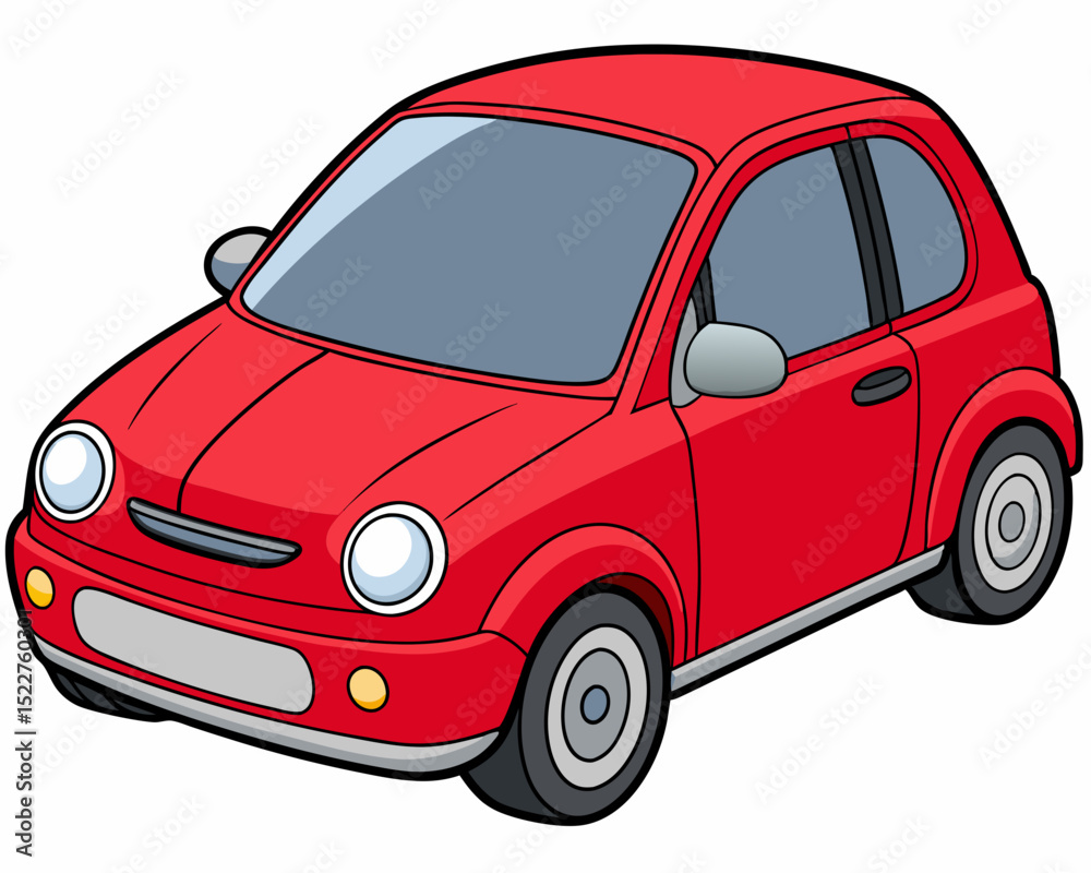 Cartoon illustration of a small red car with a two door design isolated on a white background perfect for children s books educational materials and