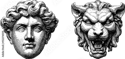 Medieval knight and mythical lion engraved illustration set for historical artwork