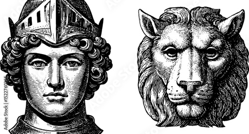 Medieval knight and lion engraved bust illustration for historical art design