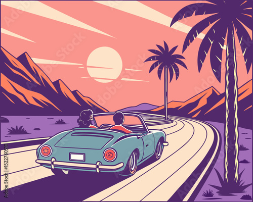 Retro Convertible Road Trip at Sunset with Palm Trees and Mountains a stylized illustration of a couple driving a classic car into the sunset on