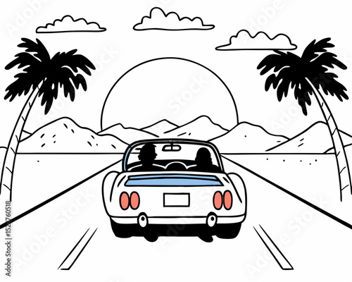 Line art illustration of a convertible car driving on a road with palm trees mountains and a sunset in the background creating a summer vacation