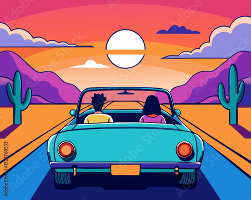 Road trip adventure with a couple driving in a vintage convertible car through a desert landscape at sunset featuring cacti and mountains in a stylized