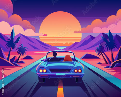 Retro Wave Convertible Car Driving into Sunset with Palm Trees and Mountains Synthwave Aesthetic Nostalgic Summer Vibes 80s Inspired Design Vibrant Colors and Road Trip