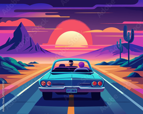 Retro Style Road Trip at Sunset A couple drives a classic convertible car through a desert landscape with mountains and cacti under a vibrant sunset