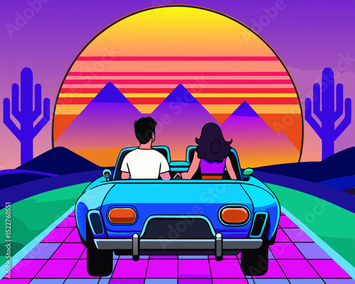 Retro Wave Couple Driving in Convertible Car with Desert Landscape and Sunset Nostalgic 80s Style Illustration Synthwave Aesthetic Vibrant Colors and Geometric Elements Road Trip