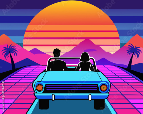 Retro Synthwave Drive A couple cruises in a blue convertible against a vibrant sunset palm trees and mountains evoking 80s nostalgia and summer vibes