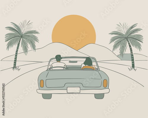 Couple driving convertible car towards sunset with palm trees illustration of a summer road trip vacation and adventure travel and relaxation in a tropical setting