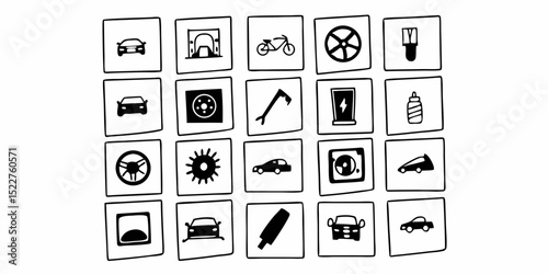 Hand Drawn Car and Transportation Icons in Square Frames Featuring Cars Tools and Accessories for Automotive Themes and Design Projects in Black and White