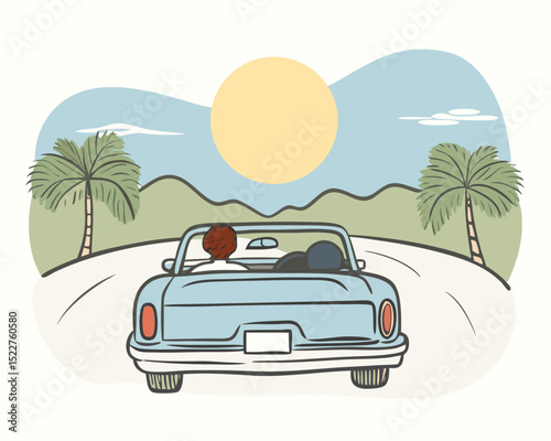 Retro convertible car driving on a road trip with palm trees and a bright sun perfect for summer vacation and travel themed designs and illustrations