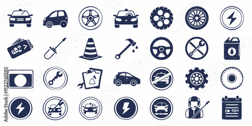 Hand Drawn Automotive Icons Set Car Repair and Service Transportation Electric Vehicle Road Safety Maintenance and Auto Parts Vector Illustration Isolated on White Background