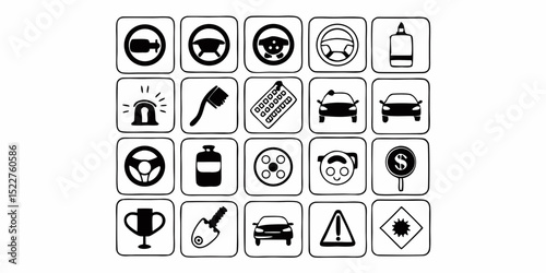 Collection of Hand Drawn Car Related Icons in Black and White Including Steering Wheels Cars Tools and Other Automotive Symbols in a Grid Pattern