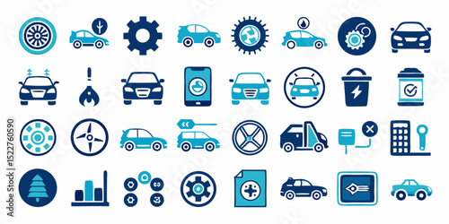 Set of Car and Automotive Icons in Blue Tones Representing Various Aspects of Vehicle Ownership Maintenance Repair and Related Services Isolated on a White Background