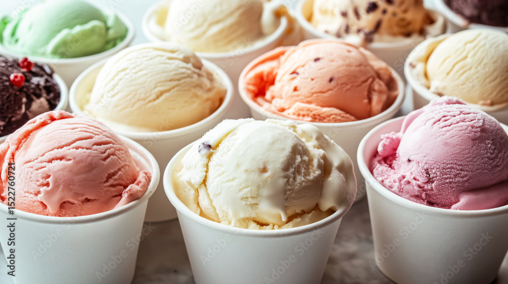 Variety of ice cream flavors in white paper cups Variety of ice cream flavors in white paper cups