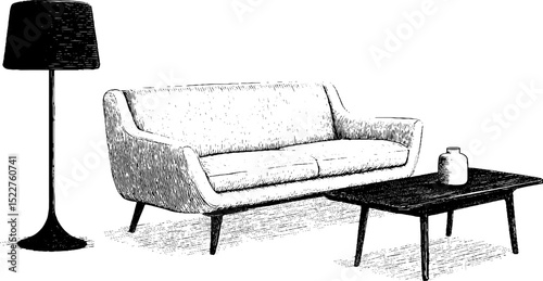 Mid century modern interior design elements with sofa, coffee table, and floor lamp