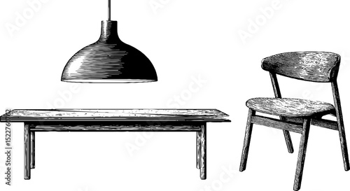 Minimalist furniture engraving with bench, chair, and pendant lamp for interior design concepts
