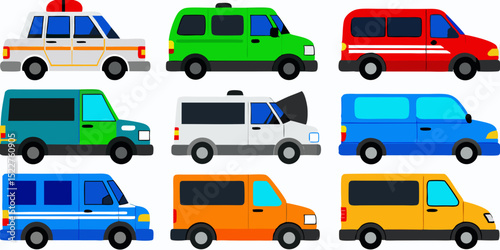 Colorful Cartoon Van Collection A Vibrant Set of Nine Vehicles in Various Colors Including an Ambulance and a Van with an Open Hood Perfect for