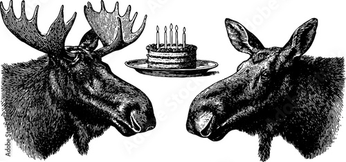 Engraved moose duo with cake illustration for celebration and decorative design