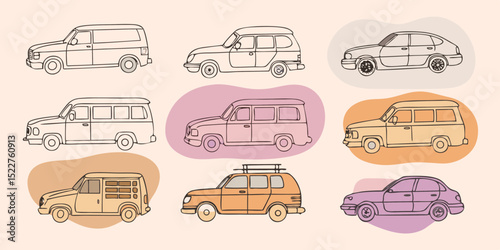 Collection of vintage car illustrations with pastel color accents featuring various models like vans station wagons and sedans perfect for retro design projects
